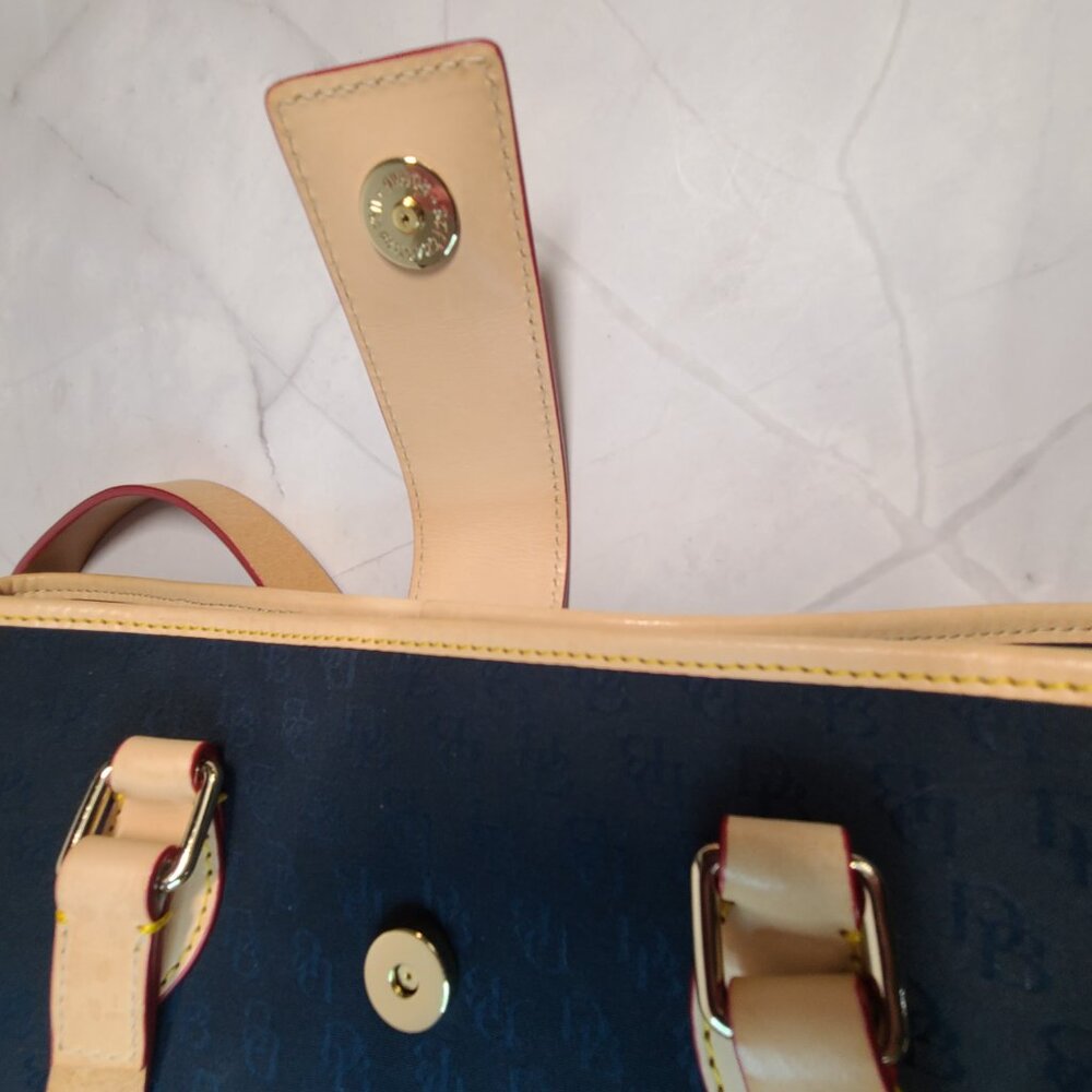 Dooney & Bourke Logo Shoulder Handbag BLACK Canvas Tan Leather Large Tote - Picture 12 of 16